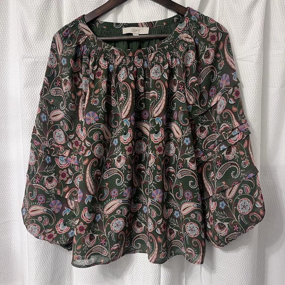 LOFT Blouse Size L Paisley Lined Flowy Peasant Boho Chic Romantic Garden Party